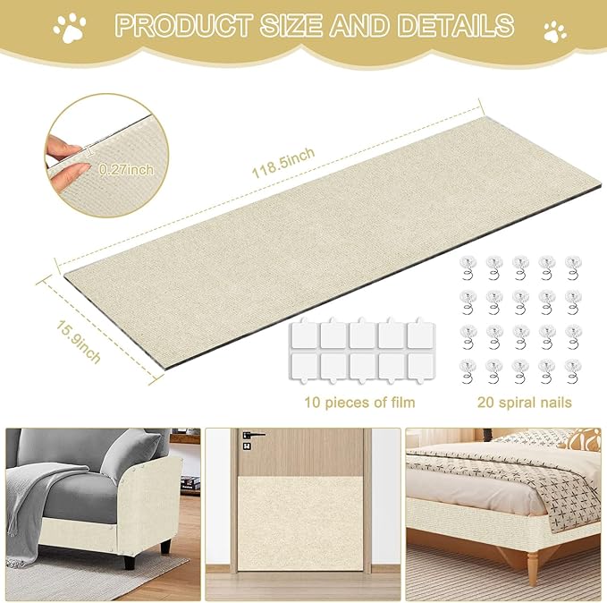 Cat Scratching Mat, 118.5"x15.9" Trimmable Self-Adhesive Cat Scratch Carpet,Couch Protector from Cats Claw, Furniture Corner Protectors for Cats,Indoor Furniture Protection for Chair,Wall,Sofa(White)