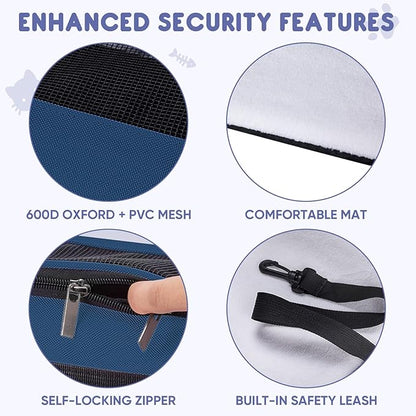 BALEINE Cat Carrier, Puppy Dog Carrier for Small Medium Pets Up to 15 Lbs, Soft-Sided Dog Travel Bag with Safety Zippers, Collapsible Pet Carrying Case (Blue, L, 17"x11"x11")