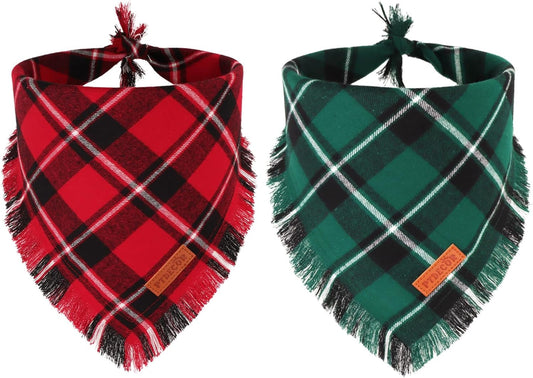 PTDECOR Christmas Dog Bandanas with Tassels Edges, 2 Pack Stylish Red Green Plaid Scarf Bibs, Premium Cotton Fabric, Reversible Triangle Christmas Bandanas for Medium Large Dogs Pets (Large)