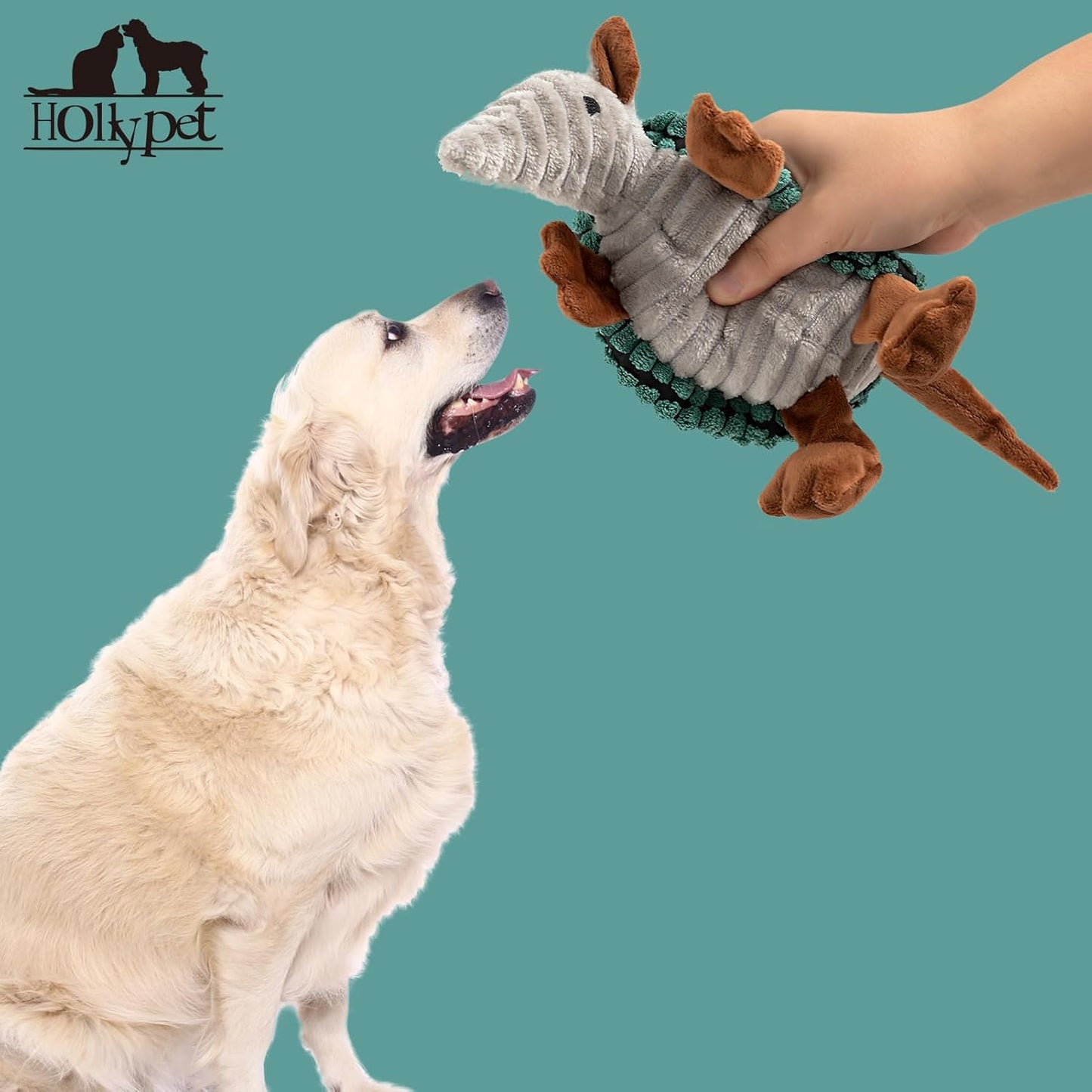 Hollypet Plush Dog Squeaky Toy Stuffed Armadillo Animal Pet Puppy Chew Toys with Clean Teeth for Small Medium Large All Breed Sizes Dogs, Deep Green,8 in