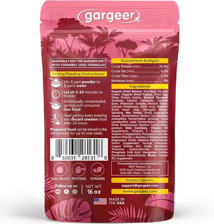 16oz Complete Crested Gecko Food Diet. Premium Ingredients Mix, Ready to Use Freshly Made Powder. Unique Superfood Formula, Developed & Made in The USA. Enjoy!