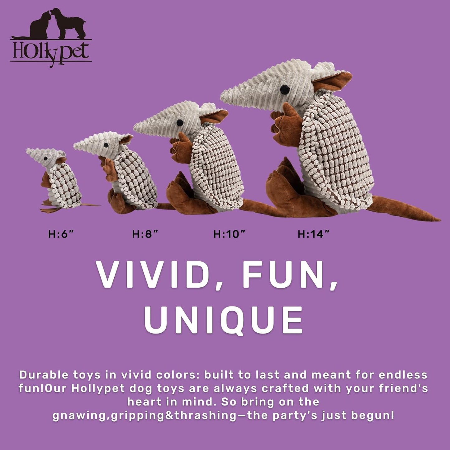 Hollypet Plush Dog Squeaky Toy Stuffed Armadillo Animal Pet Puppy Chew Toys with Clean Teeth for Small Medium Large All Breed Sizes Dogs, Gray, 6 in