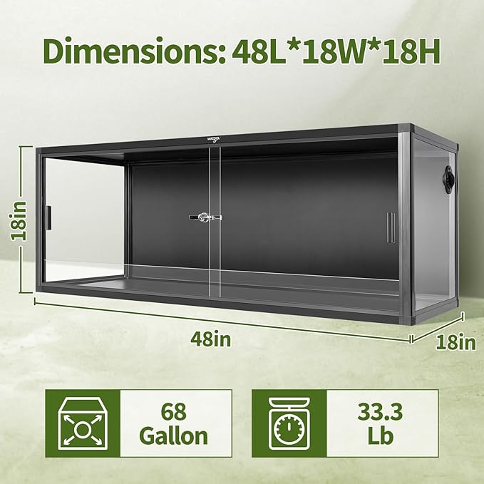 68 Gallon Reptile Tank, Large Terrarium for Bearded Dragons, Snakes, Leopard Geckos, Sliding Door & Top Ventilation, 48" x 18" x 18" Easy-to-Maintain Reptile Enclosure