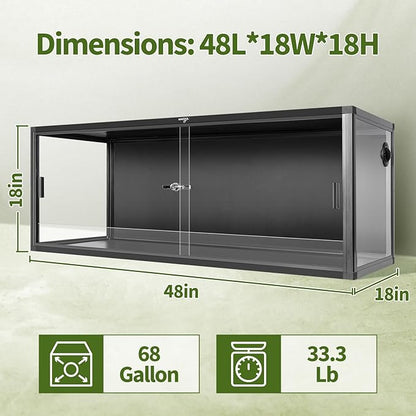 68 Gallon Reptile Tank, Large Terrarium for Bearded Dragons, Snakes, Leopard Geckos, Sliding Door & Top Ventilation, 48" x 18" x 18" Easy-to-Maintain Reptile Enclosure