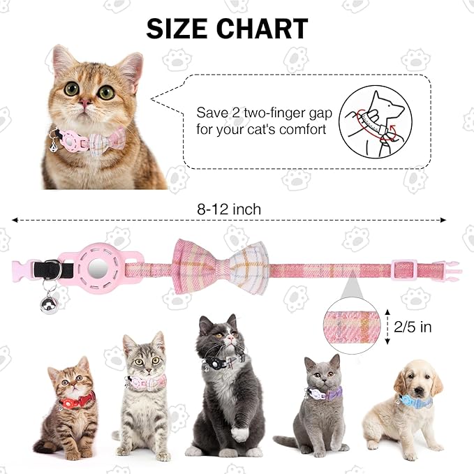 Airtag Cat Collar with Bells and Bowtie -Safety Elastic Band Kitten Collar for Apple Air Tag Holder- Cute GPS Cat Tracker Collars for Girl Boy Cats and Puppies, Adjustable 8"-12" Pink