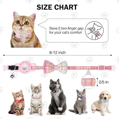 Airtag Cat Collar with Bells and Bowtie -Safety Elastic Band Kitten Collar for Apple Air Tag Holder- Cute GPS Cat Tracker Collars for Girl Boy Cats and Puppies, Adjustable 8"-12" Pink