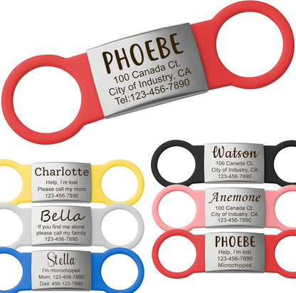 Anavia Slide On Silent Pet ID Tags, S/M/L/XL Personalized Multi-Color Silicone Band Cat Dog Name Tags, Customized Engraved Stainless Steel, Chew-Proof Quiet Dog Collar Tags (Large, Red)