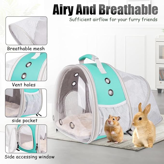 Back Expandable Backpack for Small Animals, Portable Travel Bag Breathable Pet Carrier Cages for Bunny, Guinea Pig, Bearded Dragon, Lizard, Rabbit, Squirrel, Tortoise, Kitten, Sugar Glider