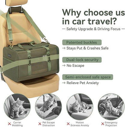 Petsfit 19x12x12 Pet Carrier for Large Cats (up to 20 lbs), Soft-Sided Small Dog Travel Carrier, Upgraded with Patented Buckle and Soft Padding, Ideal for Car Road Trips Green