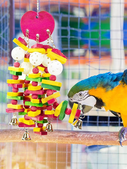 MEWTOGO Bird Toys - Edible Parrots Cage Chew Toy Gift with Bells and Safe Colorful Wood Blocks Beads for Macaws African Grey and Amazon Parrots (Peach Style)