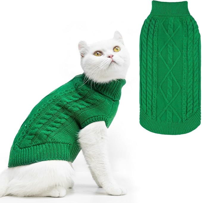 PUPTECK Winter Cat Sweater Coat - Soft Warm Cold Weather Clothes Knitwear for Kittens & Small Dogs Indoor Outdoor Wearing, Knitted Classic for Doggies Kitties Girls Boys, Green, S