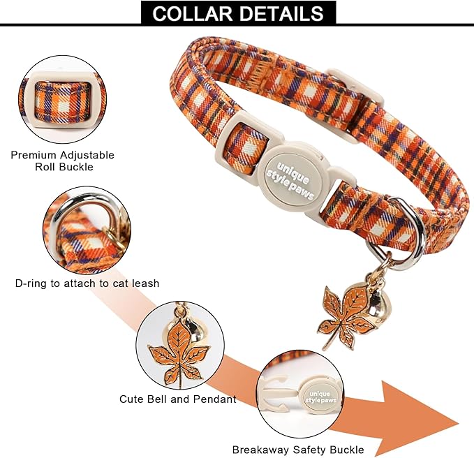 Unique style paws 2 Pack Autumn Halloween Kitten Collar Breakaway with Bell&Pendant, Adjustable Safety Coloeful Orange Brown Grid Cat Cotton Collar for Girl Boy Cat and Small Pet