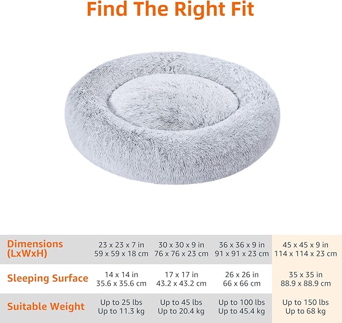 Amazon Basics Donut Pet Bolster Faux Fur Bed for Dog, Grey, 45" x 45"