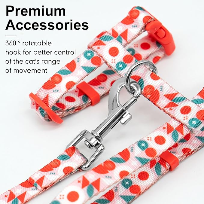 azuza Cat Harness and Leash Set for Safe Walking and Travel, Escape Proof Cat Harness, Lightweight Soft and Comfortable, Adjustable Kitten Harness for Small Medium Large Cats, Red Geometry