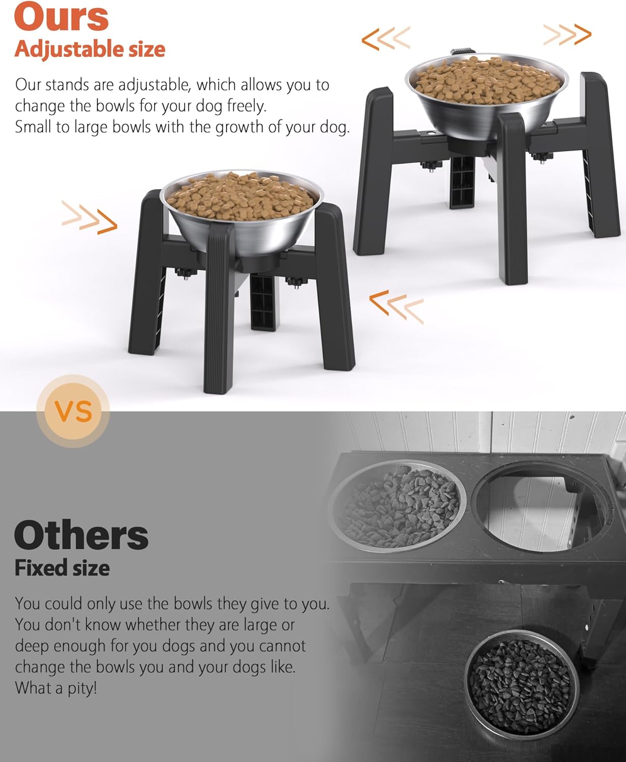 CZPET Dog Bowl Stand, 51 oz Large Capacity Raised Elevated Dog Food/Water Stainless Steel Feeder, Size Adjustable & Anti-Slip Stand for Medium Dogs (2 Pack)