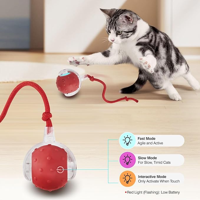 Electric Interactive Cat Toy Ball - Automatic Rolling Silicone Cat Toys for Indoor Cats, Durable Chew-Proof Motorized Kitty Ball with LED Light, Fun Exercise Toys for Bored Kittens（red）