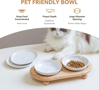 Raised Ceramic Wide Whisker Friendly Cat Dishes, Food& Water Bowl with 2 Style Stand Adjustable Raised Pet Bowl Set(2Dish+2Shallow Dish+Stand, White
