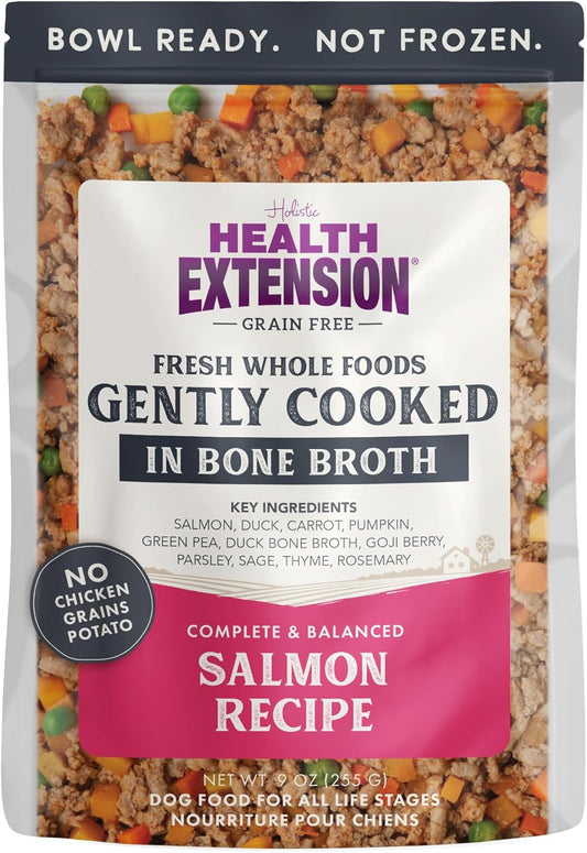 Health Extension Gently Cooked Grain-Free Salmon Dog Food, Human-Grade & Shelf-Stable with Superfoods, Supports Digestion, Immunity, Skin & Coat, 9 oz Pouch (Pack of 1)