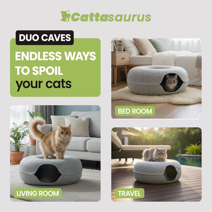 Cattasaurus Peekaboo Cat Cave, Extra Spacious for Multiple & Large Cats 12+ lbs, Scratch Detachable Beds for Indoor Cats, Washable Tunnel Bed, Comfy Cat Donut Tunnel (Light Gray+Light Gray, Jumbo)