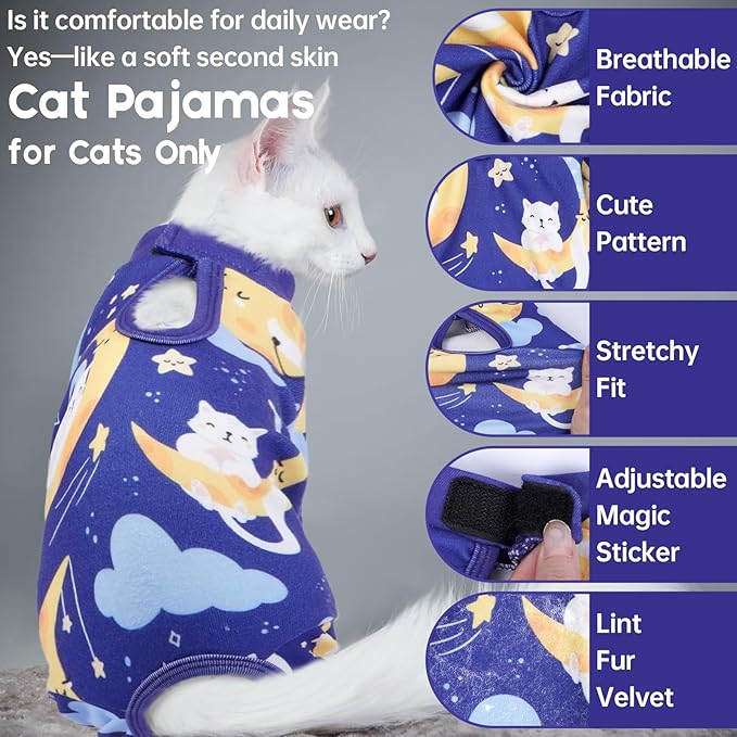 QBLEEV Cat Onesie for Cats After Surgery, Sticky Hair Cat Pajamas for Cats Only, Recovery Suit Shirt for Male Female, Full Body Long Sleeve Surgical Bodysuit, Stop Licking & Shedding