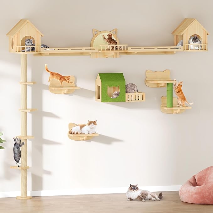 DWVO Solid Wood Cat Wall Shelves and Perches, Tall Floor to Ceiling Cat Tower w Scratching Posts, Wall Mounted Cats Furniture Climbing Shelves for Large Cats w Houses, Steps, Runway, Scratching Board