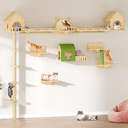 DWVO Solid Wood Cat Wall Shelves and Perches, Tall Floor to Ceiling Cat Tower w Scratching Posts, Wall Mounted Cats Furniture Climbing Shelves for Large Cats w Houses, Steps, Runway, Scratching Board