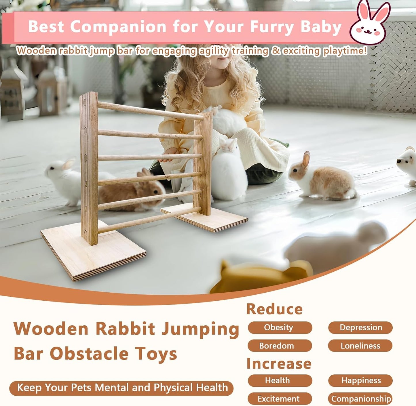 Rabbit Jump Bar Bunny Agility Equipment Set Wooden Rabbit Obstacle Exercise Toys Adjustable Height Training Jumping Hurdles for Bunny Guinea Pig Ferret Squirrel