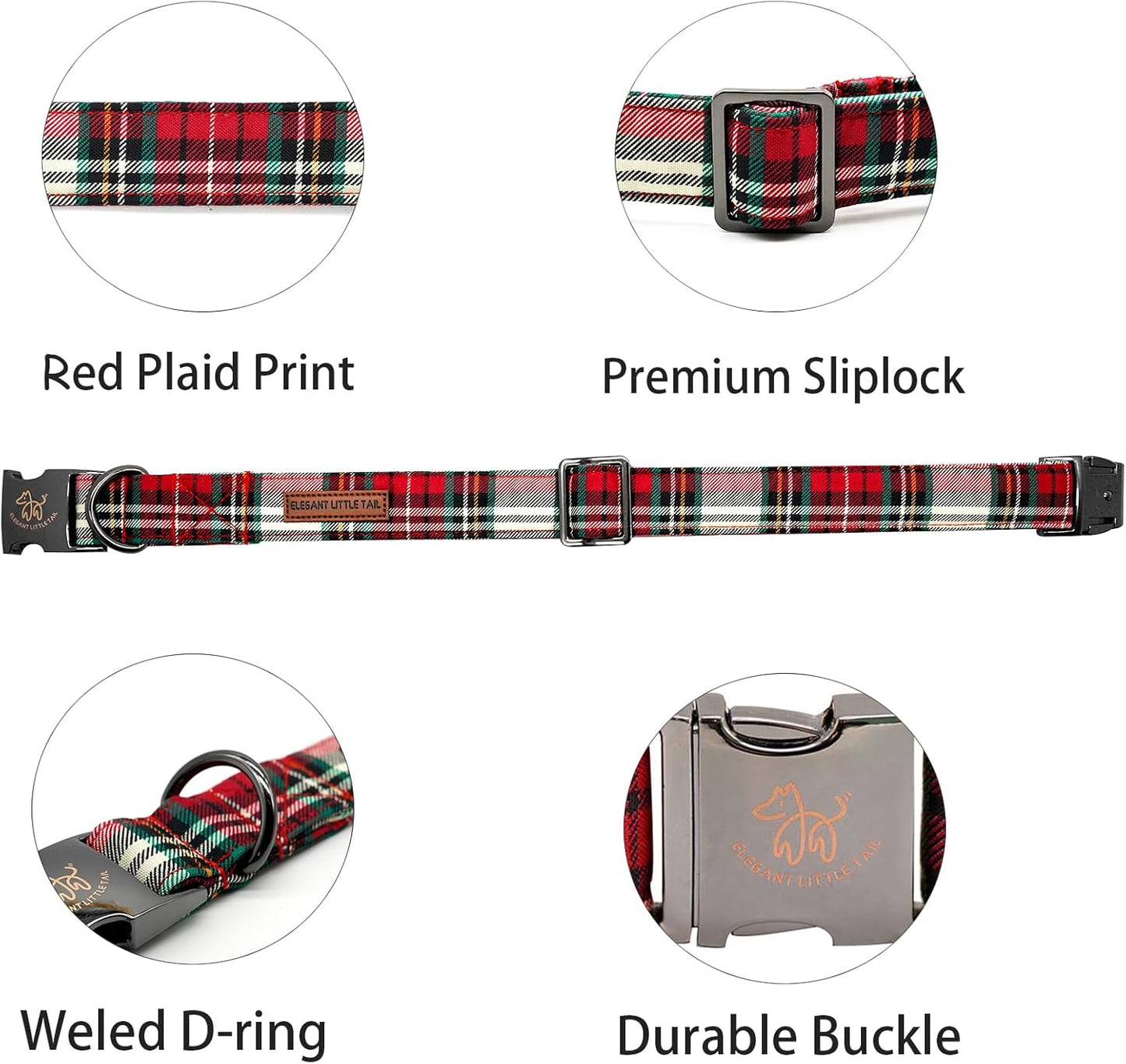 Elegant little tail Dog Collar, Christmas Red Plaid Pet Collar Cute Dog Collars Male or Female Pet Gift Adjustable Dog Collar for Small Dogs
