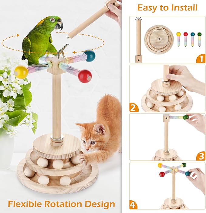 2 in 1 Multi Purpose Bird Stand Perch Toy Kitten Toy Bird cage Accessories 360 ° Interactive Rotating Toy Suitable for Wooden Stands for Parakeets Cockatoos and Birds