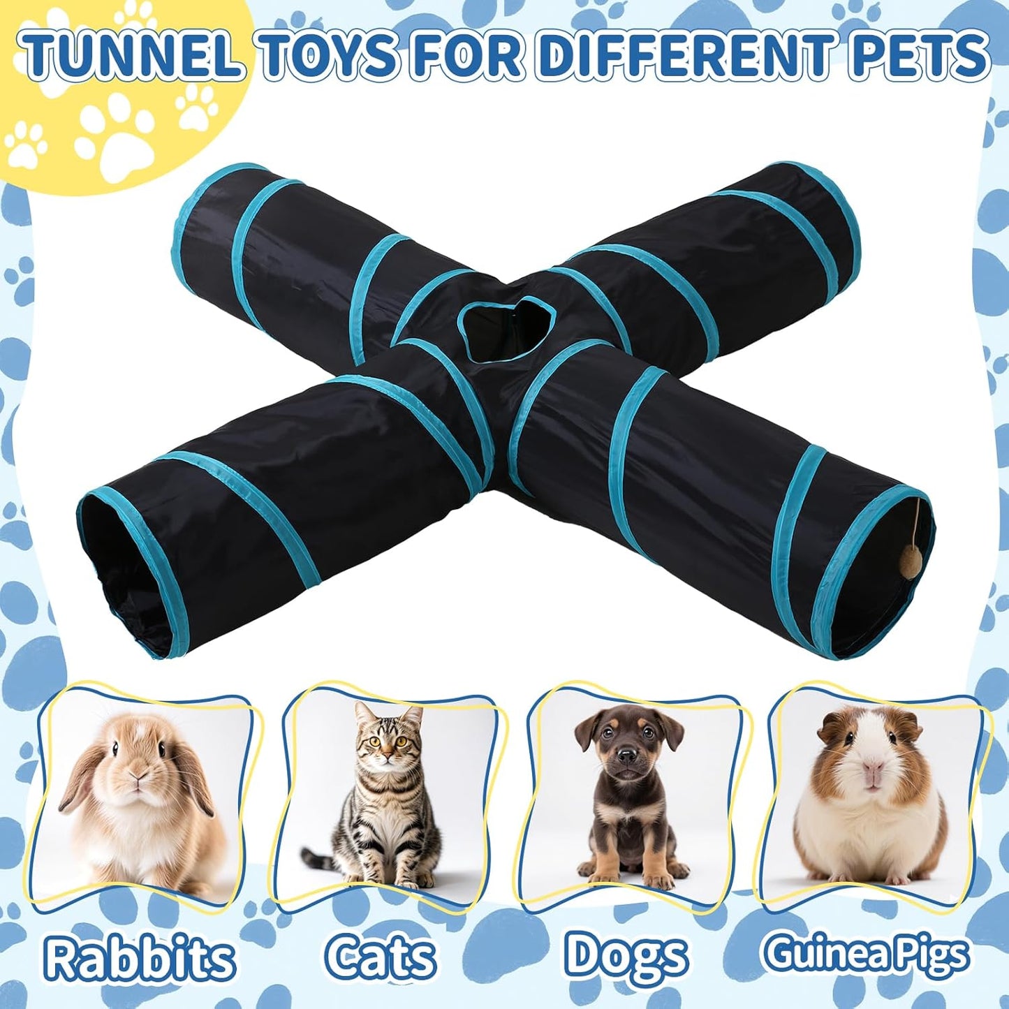 Pet Cat Tunnel, 4-Way Junction Tunnels for Indoor Cats, Collapsible Pet Tunnel for Kitten, Puppy, Rabbit, 25cm-Wide Tunnels, Durable & Breathable, with Peek Hole Toy Ball