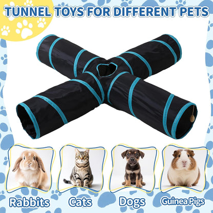 Pet Cat Tunnel, 4-Way Junction Tunnels for Indoor Cats, Collapsible Pet Tunnel for Kitten, Puppy, Rabbit, 25cm-Wide Tunnels, Durable & Breathable, with Peek Hole Toy Ball