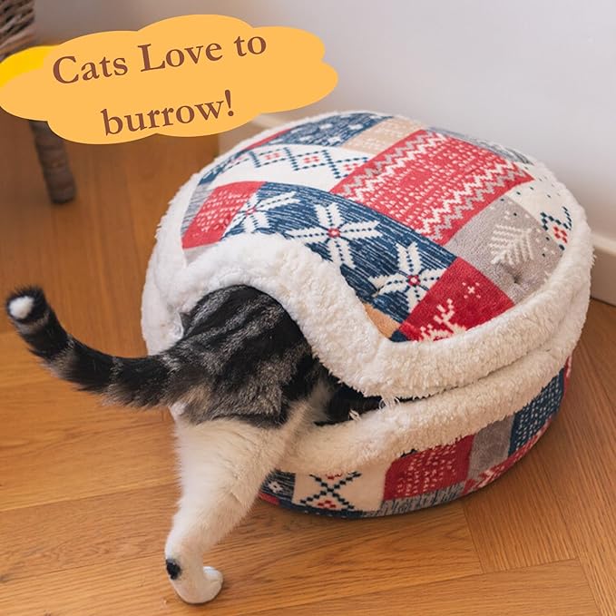 Cat Cave Bed – Plush, Warm & Calming Hideaway with Detachable Lid & Mat, Covered House for Indoor Kitten & Kitty (Brown)