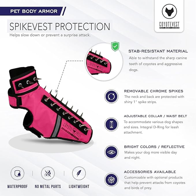 CoyoteVest SpikeVest Dog Harness Vest for Small Dogs, Reflective Dog Vest with Spikes to Shield Your pet from Coyotes, Raptor and Animal Attacks, Anti Hawk Vest, Made in USA (M-Pink)