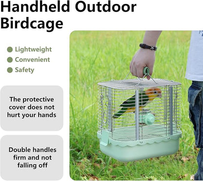 Bird Carrier Travel Cage, Durable Portable Stainless Steel Birdcage with Bird Perch & Feeding Bowl for Parrots Canaries Budgies Lovebirds Conures Cockatiels (Small Light Green)