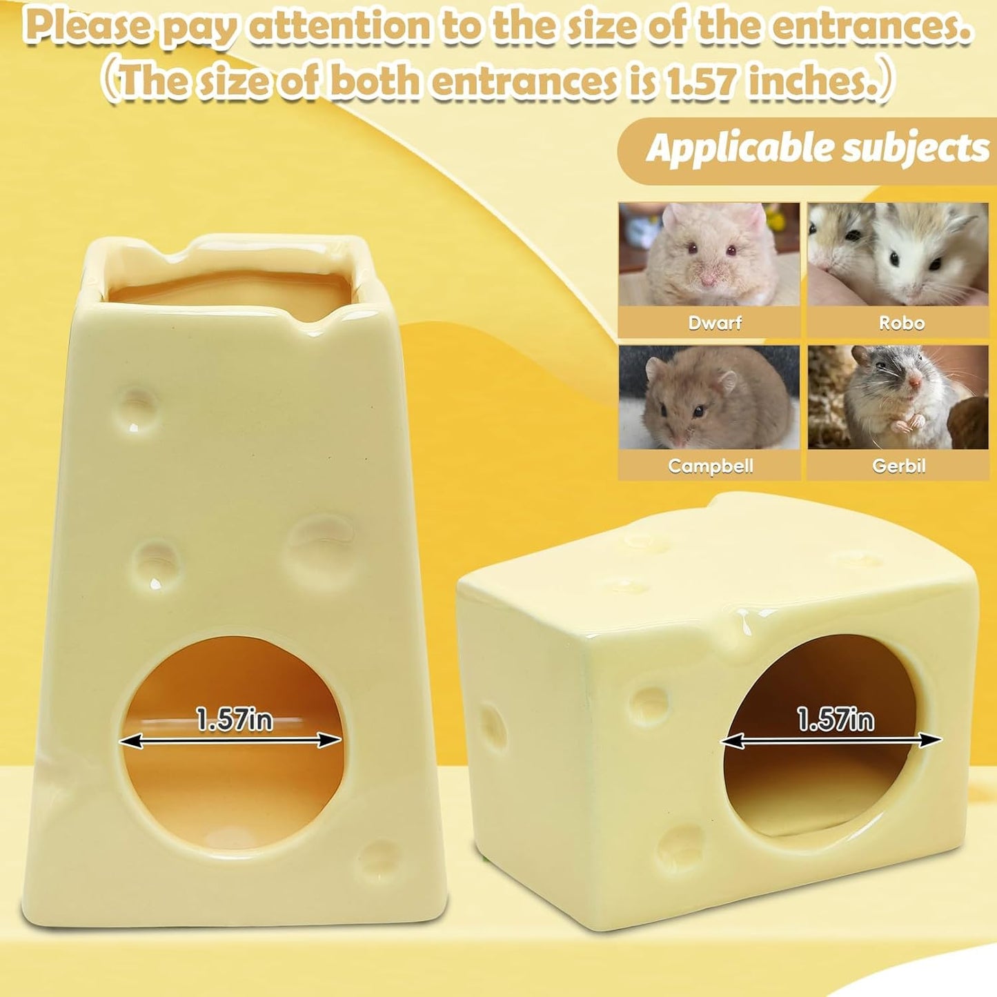 PINVNBY Ceramic Hamsters Hideout, Hamster Food Bowl and Water Bottle with Stand Ceramic Cheese Hamster Cage Accessories for Campbell Gerbil Dwarf to Eat Drink and Play in Habitat(4 PCS)