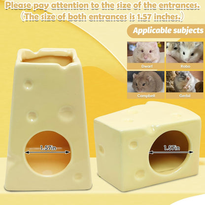 PINVNBY Ceramic Hamsters Hideout, Hamster Food Bowl and Water Bottle with Stand Ceramic Cheese Hamster Cage Accessories for Campbell Gerbil Dwarf to Eat Drink and Play in Habitat(4 PCS)