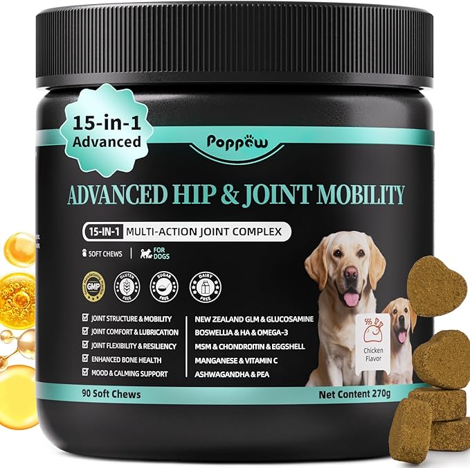 Dog Hip and Joint Supplement, 15-in-1 Advanced Glucosamine for Dogs with Chondroitin, MSM, New Zealand GLM, Pea, Omega 3 - Chicken Flavor - 90 Soft Chews, Fits All Breeds and Sizes