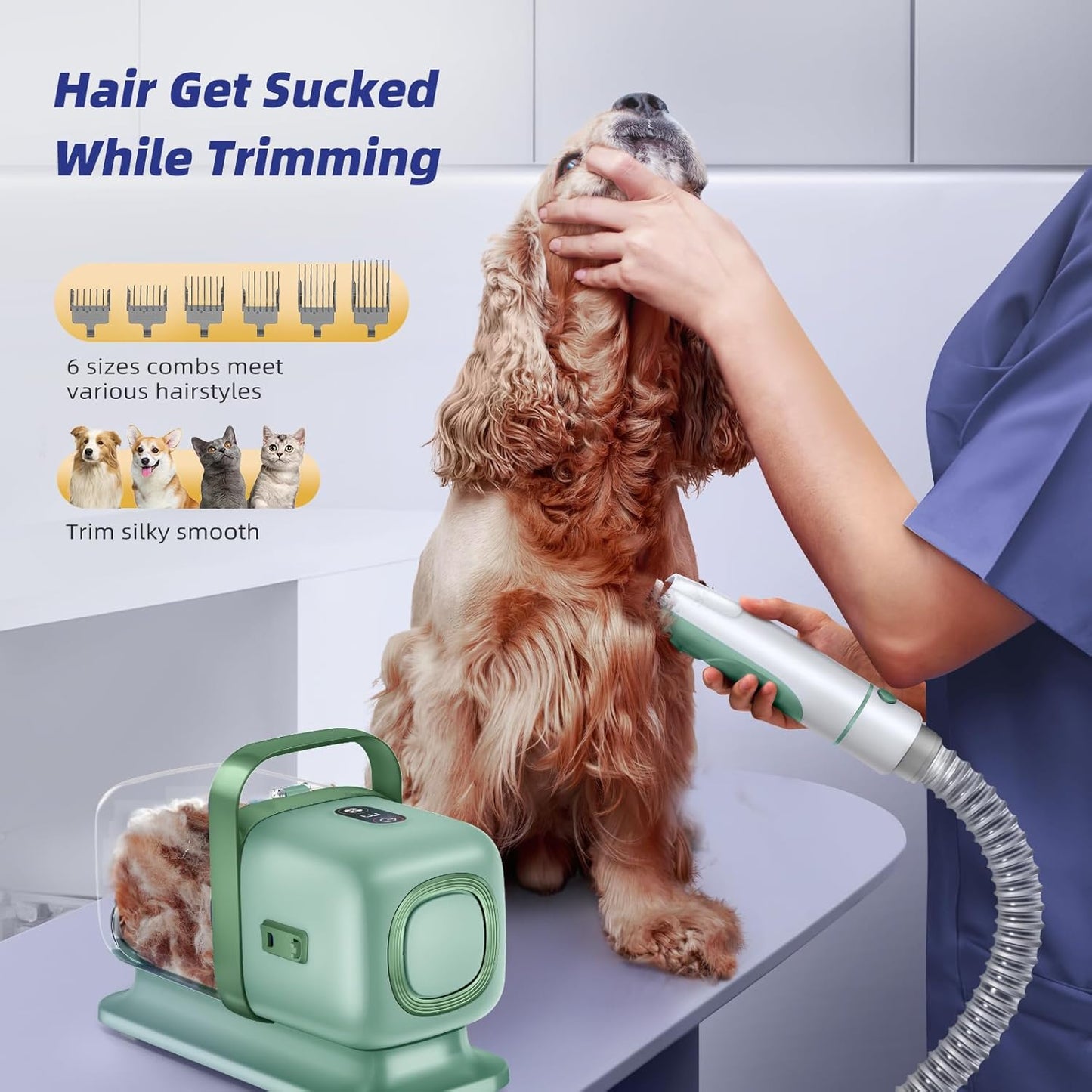 Dog Grooming Kit with Vacuum, All-in-One Pet Grooming Vacuum for Dogs and Cats, Low Noise Pet Hair Clipper & Shedding Brush, Dog Hair Remover, Cat Pet Groomer Set with Cleaning Brushes, Green