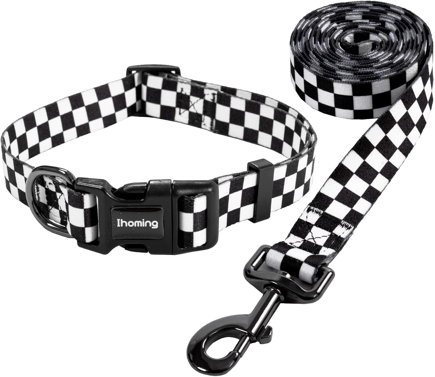 Ihoming Dog Collar and Leash Set for Daily Outdoor Walking Running Training, Chess Board Design for Medium Boys Girls Dogs Cats Pets, M-Up to 45LBS