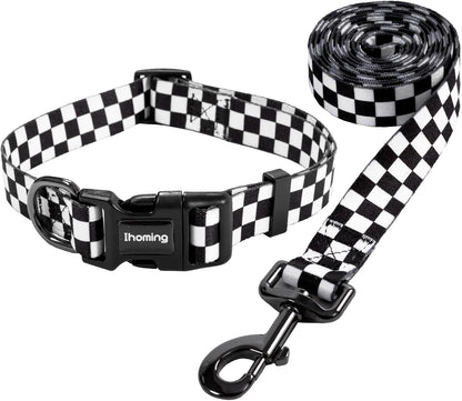 Ihoming Dog Collar and Leash Set for Daily Outdoor Walking Running Training, Chess Board Design for Medium Boys Girls Dogs Cats Pets, M-Up to 45LBS