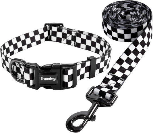 Ihoming Dog Collar and Leash Set for Daily Outdoor Walking Running Training, Chess Board Design for Medium Boys Girls Dogs Cats Pets, M-Up to 45LBS