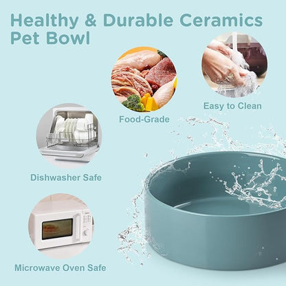 SPUNKYJUNKY Elevated Dog Bowls Ceramic, 6.1'' Dogs and Cat Food Water Bowls Raised with Non-Slip Bamboo Stand for Medium Sized Breed Microwave Dishwasher Safe - 28.7 OZ,Dark Green