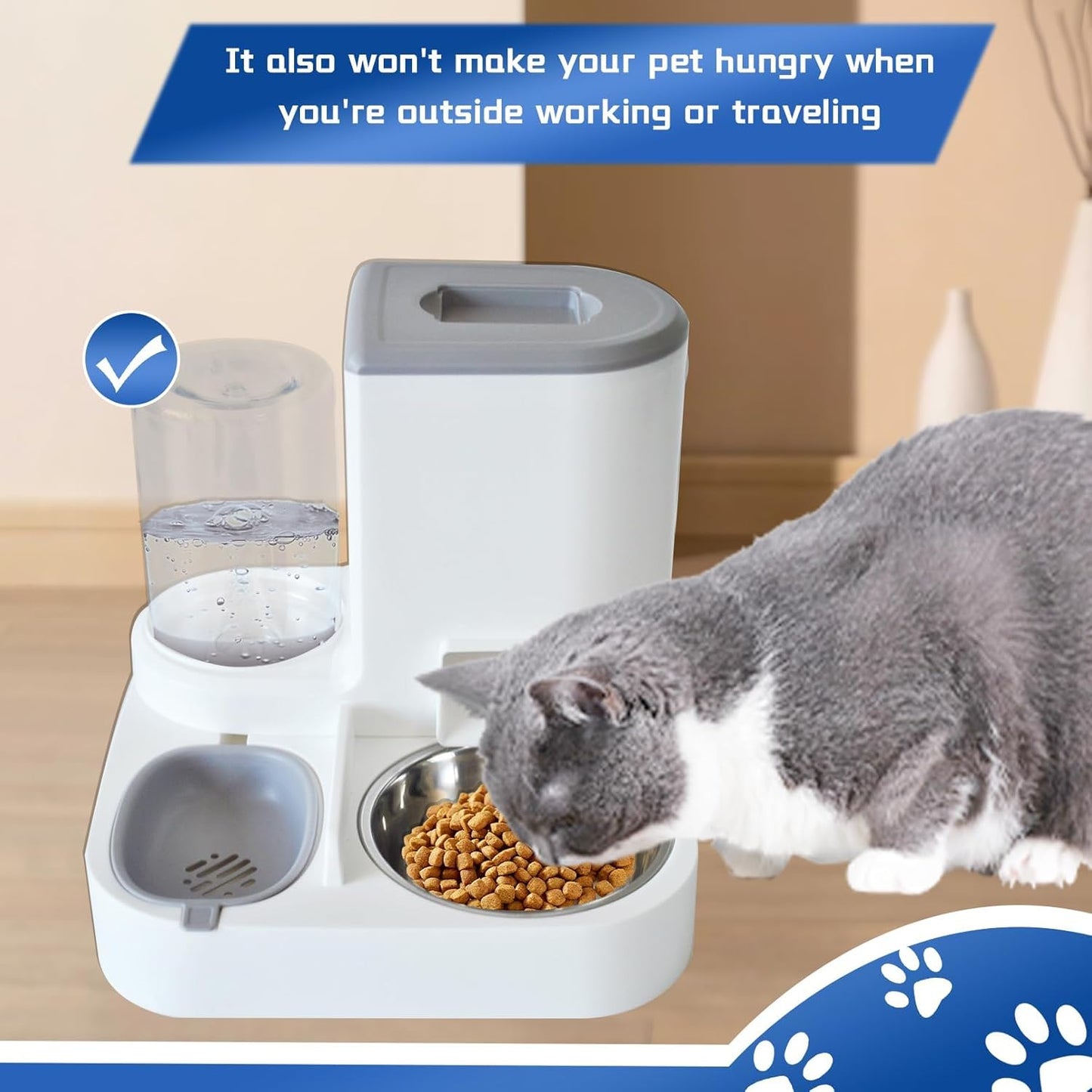 Automatic Cat Food and Water Dispenser Set 2 in 1, All-in-One Gravity Pet Feeder with Stainless Steel Cat Food Bowl Travel Auto Supply Feeder and Water Dispenser for Small Medium Cats Dogs (Gray)