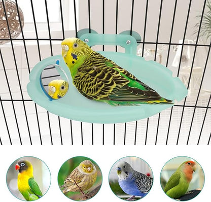 Wontee Bird Bath for Cage Portable Parrot Hanging Bathroom Bathing Tub with Mirror for Small Birds Parakeets Budgies Lovebirds Canaries Finches