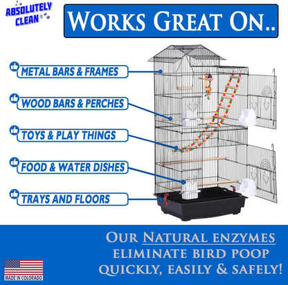 Absolutely Clean Amazing Bird Cage Cleaner and Deodorizer - Just Spray/Wipe - Safely & Easily Removes Bird Messes Quickly and Easily - Made in the US - Fragrance Free (32oz 2pack)