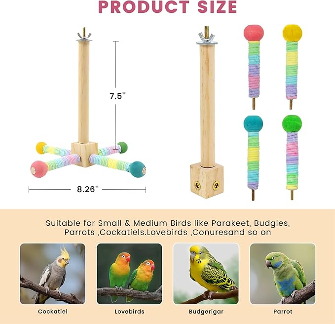 Upgraded Parrot Perch Toy,Rotating Bird Perch Stand with Chew Ball Toy for Small&Medium Birds,Bird Cage Accessories for Parakeets Cockatiels Lovebirds Conures Finches Budgies