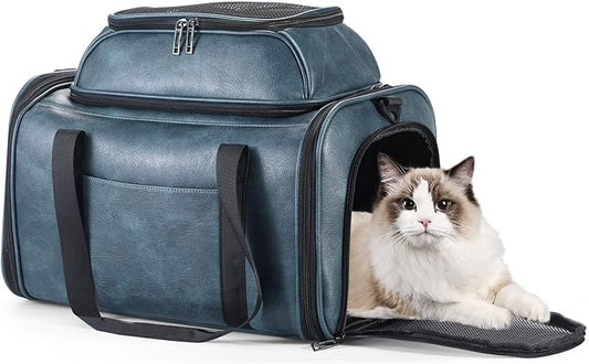Premium Leather Top Expandable Pet Carrier for Small Dogs & Cats Under 15 lbs, Airline Approved Collapsible Soft-Sided Luxury Travel Bag Blue