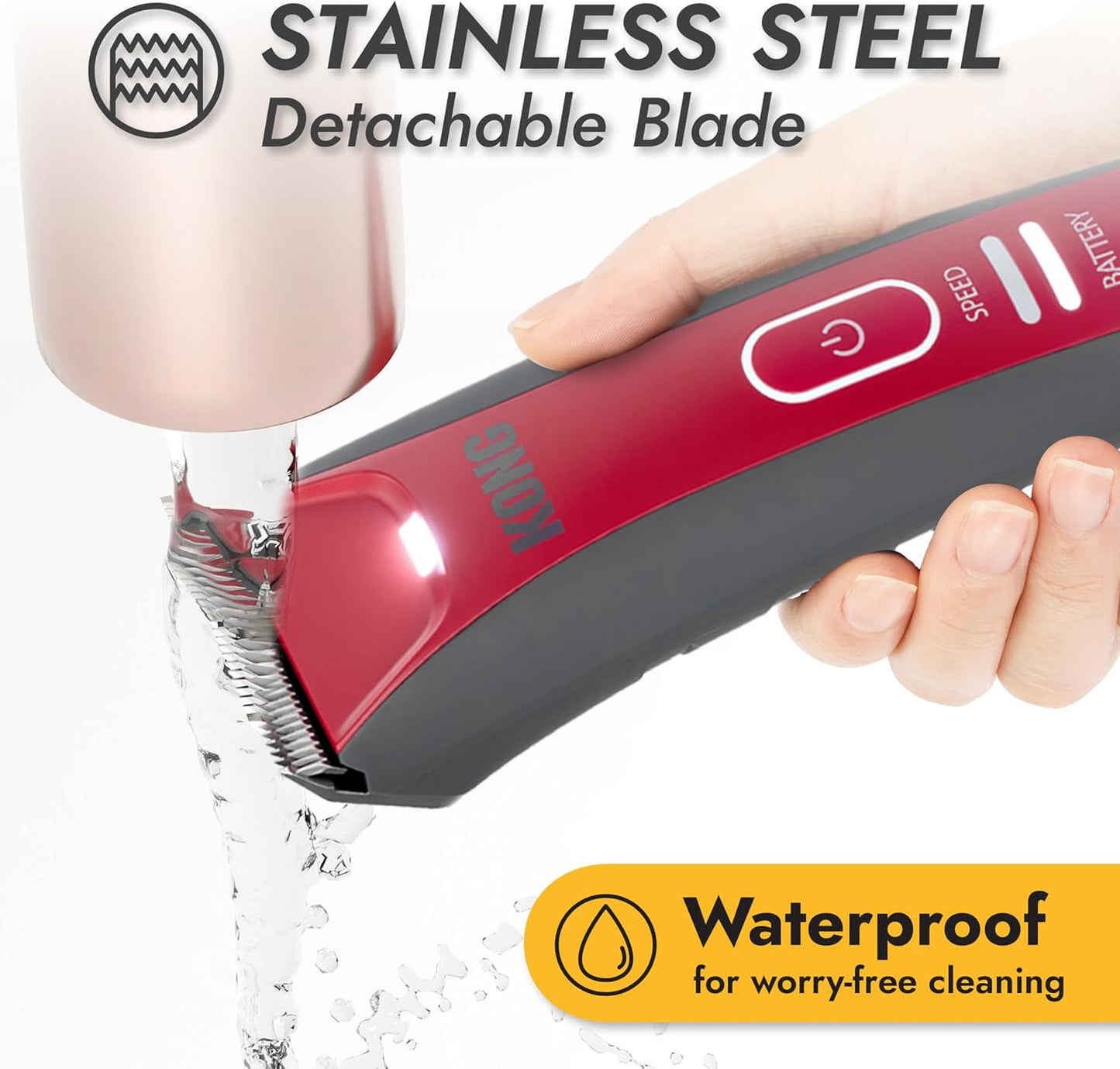 KONG 2-Speed Cordless-Corded Dog Clipper Kit – Stainless Steel Blade, Waterproof, LED Spotlight, Use-While-Charging, 6 Guide Combs, Ergonomic Handle – Red/Gray, Medium Coat Types