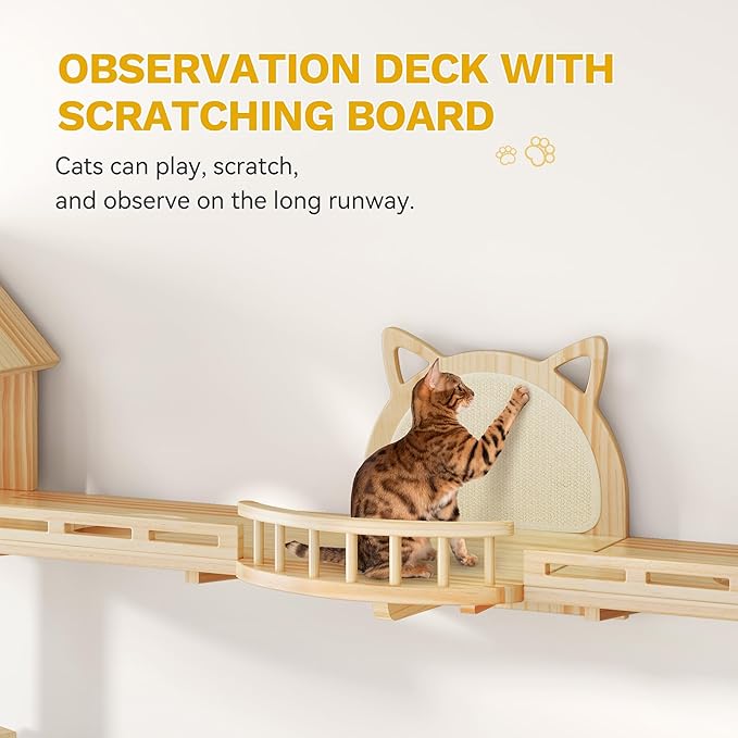 DWVO Solid Wood Cat Wall Shelves and Perches, Tall Floor to Ceiling Cat Tower w Scratching Posts, Wall Mounted Cats Furniture Climbing Shelves for Large Cats w Houses, Steps, Runway, Scratching Board