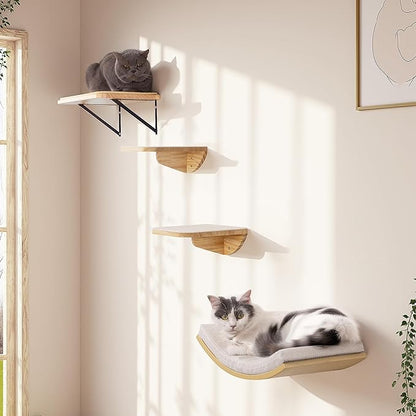 Wood Cat Wall Shelf with Soft Foam Cushion, Curved Cats Wall Bed for Large Cats, Floating Cat Perch for Sleeping & Climbing